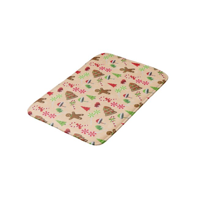 Gingerbread Man,Candy and santa hat Bath Mat (Angled)