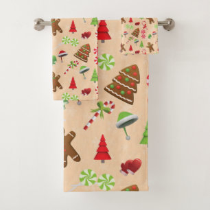 Gingerbread Man,Candy and santa hat Bath Towel Set