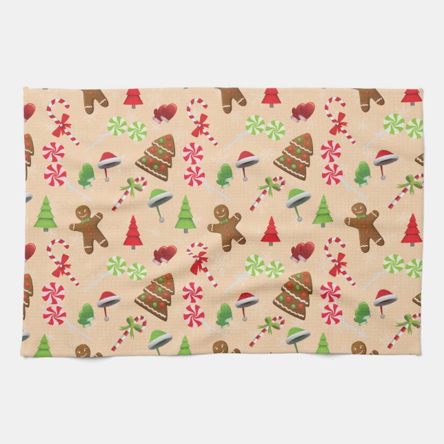 Gingerbread Man,Candy and santa hat Kitchen Towel (Horizontal)