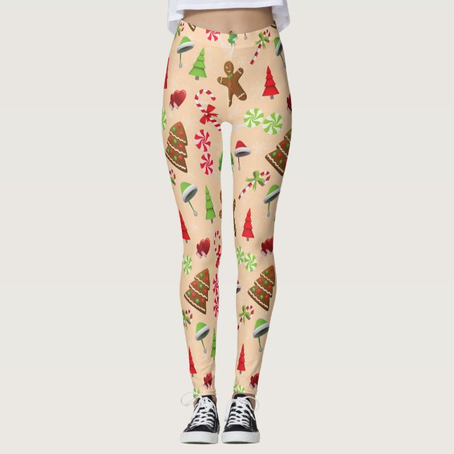 Gingerbread Man,Candy and santa hat Leggings (Front)