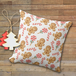 Gingerbread Man Candy Cane Lollipop Pattern Throw Pillow