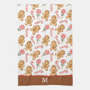 Gingerbread Man Candy Cane Monogram Christmas Kitchen Towel