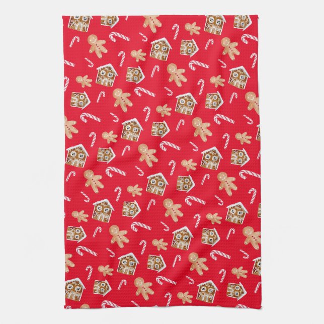 Gingerbread man candycane holiday sweets red kitchen towel (Vertical)