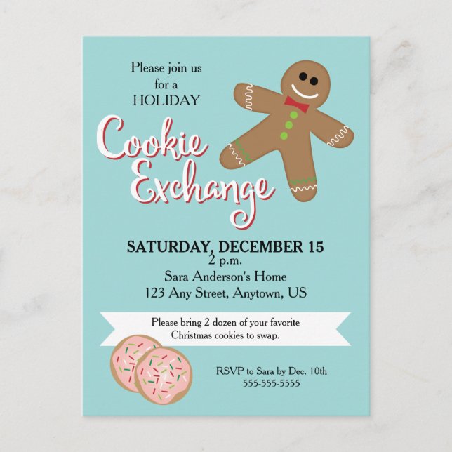 Gingerbread Man, Christmas Cookie Exchange Party Invitation Postcard (Front)