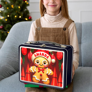 Gingerbread Man Christmas Personalized Kids Metal Lunch Box