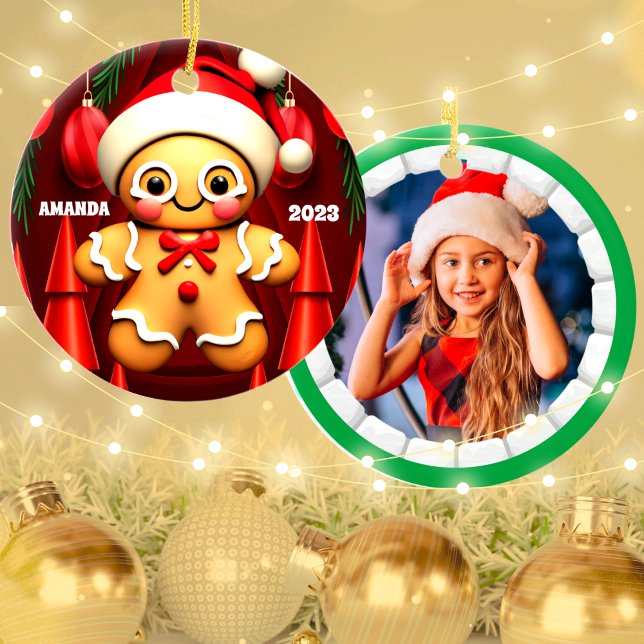 Gingerbread Man Christmas Personalized Kids Photo Ceramic Ornament (Creator Uploaded)