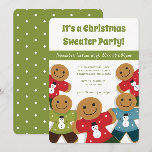Gingerbread Man Christmas Sweater Party Green Invitation (Front/Back)