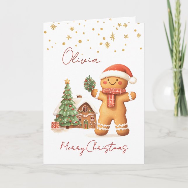 Gingerbread Man Christmas Tree Kids Holiday Card (Front)