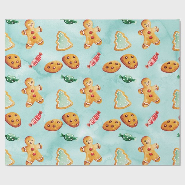 Gingerbread Man Christmas Tree Pattern Wrapping Paper (Flat)