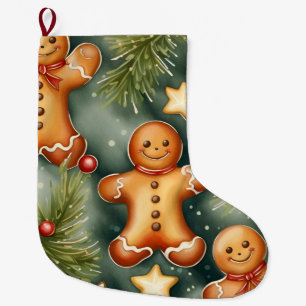 Gingerbread man cookies and stars  large christmas stocking
