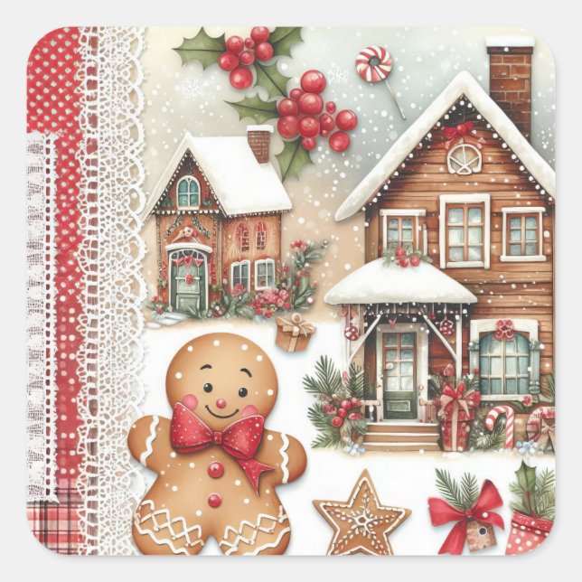 Gingerbread Man Gingerbread House Square Sticker (Front)