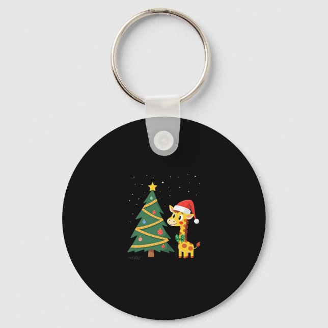 Gingerbread Man Giraffe Santa Hat Christmas Tree T Keychain (Front)