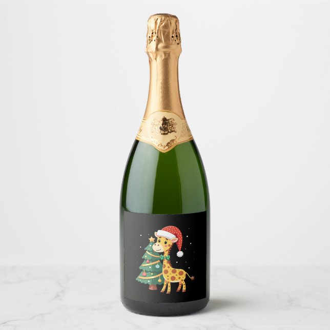 Gingerbread Man Giraffe Santa Hat Christmas Tree T Sparkling Wine Label (Front)