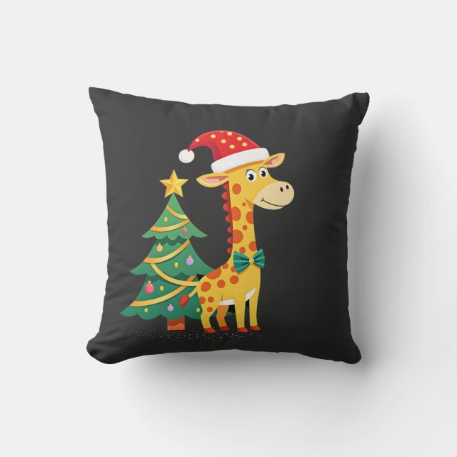 Gingerbread Man Giraffe Santa Hat Christmas Tree T Throw Pillow (Front)