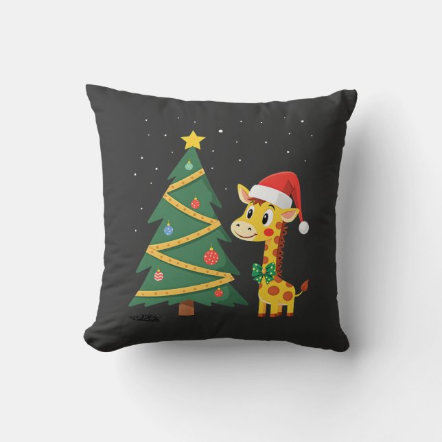 Gingerbread Man Giraffe Santa Hat Christmas Tree T Throw Pillow (Front)