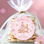 Gingerbread Man Girl Pink Christmas Baby Shower Classic Round Sticker<br><div class="desc">A little sweetie is on the way! Christmas girl baby shower stickers,  favour labels,  with an adorable gingerbread man girl,  Christmas tree,  gift and snowflakes all in pink and beige. Easily personalize the text. - Kate Eden Art</div>