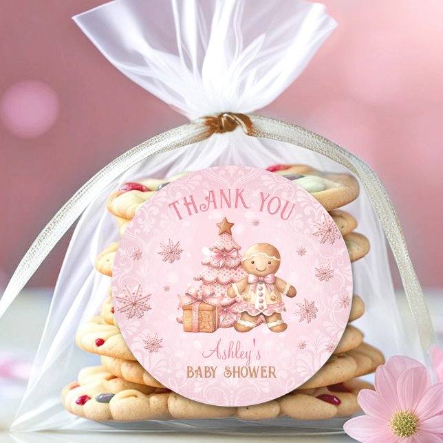 Gingerbread Man Girl Pink Christmas Baby Shower Classic Round Sticker (Gingerbread Man Girl Pink Christmas Baby Shower Classic Round Sticker)