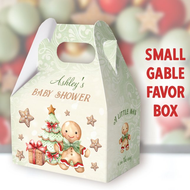 Gingerbread Man Green Christmas Baby Shower Gable Favor Box (Gingerbread Man Small Gable Favor Boxes - You can choose from 3 sizes of these gable favor boxes)