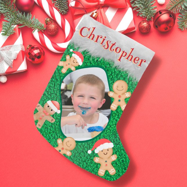 Gingerbread Man Green Cute Fun Adorable Photo Name Small Christmas Stocking (Creator Uploaded)