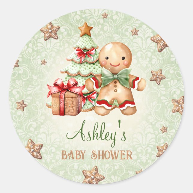 Gingerbread Man Green Red Christmas Baby Shower Classic Round Sticker (Front)