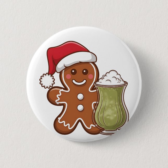 Gingerbread Man Holding Matcha Drink Christmas  2 Inch Round Button (Front)