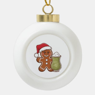 Gingerbread Man Holding Matcha Drink Christmas Ceramic Ball Christmas Ornament