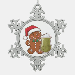 Gingerbread Man Holding Matcha Drink Christmas Snowflake Pewter Christmas Ornament