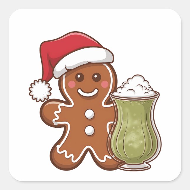 Gingerbread Man Holding Matcha Drink Christmas  Square Sticker (Front)