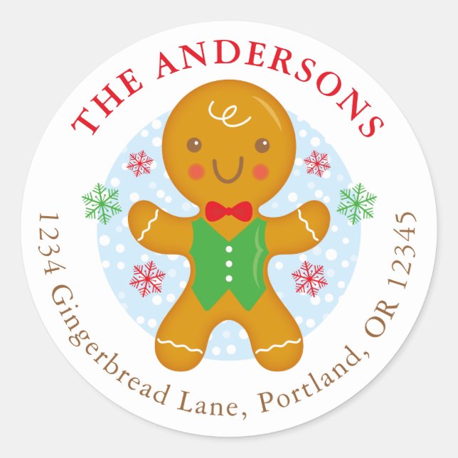Gingerbread Man Holiday Return Address Label Round (Front)