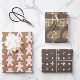Gingerbread Man House Christmas Snowflakes Brown  Wrapping Paper Sheet