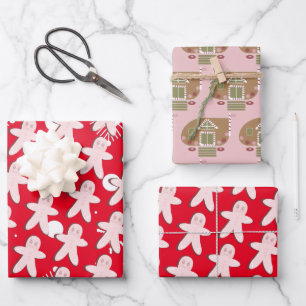 Gingerbread Man House Christmas Snowflakes  Red Wrapping Paper Sheet