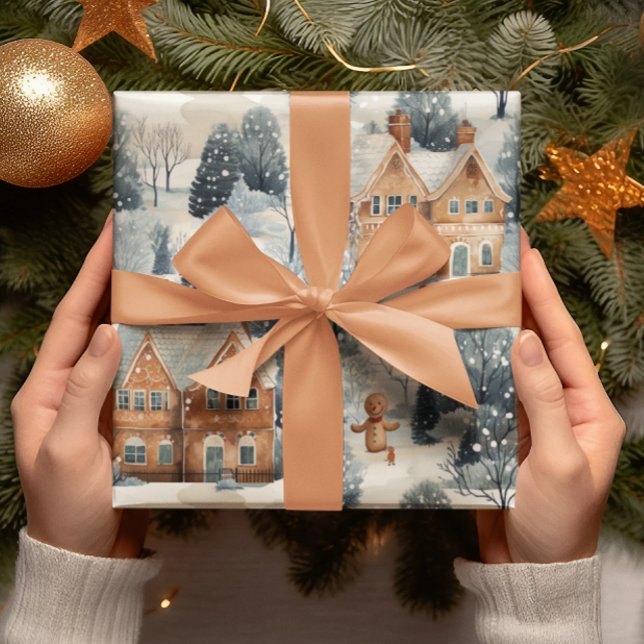 Gingerbread Man & House Snowy Christmas Wrapping Paper (Creator Uploaded)
