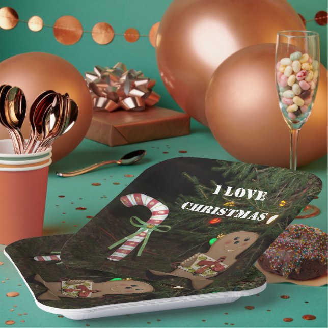 Gingerbread Man I Love Christmas Candy Cane Paper Plate (Multi)