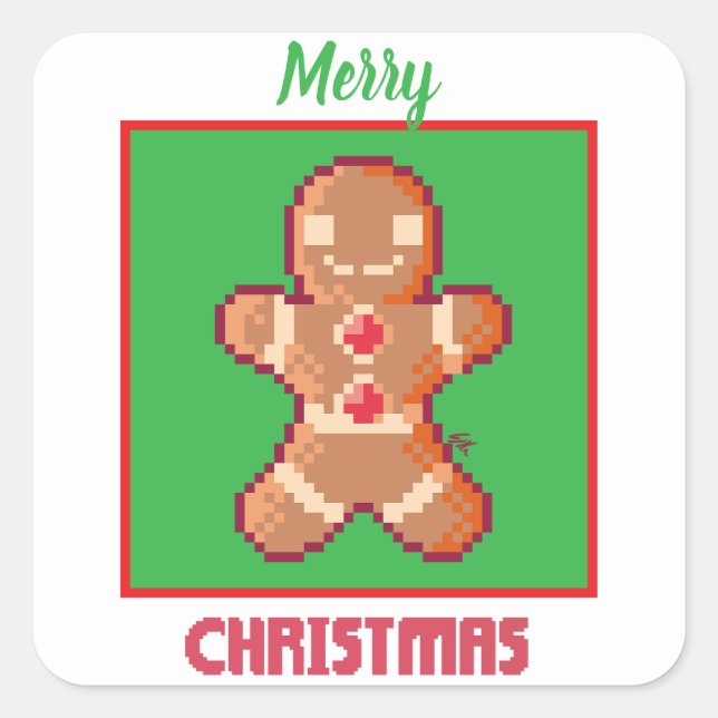 GingerBread Man, Merry Christmas pixel art Square Sticker (Front)