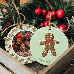 Gingerbread Man Mint Polka Dot Christmas Photo Ceramic Ornament<br><div class="desc">Celebrate the holidays with this adorable Gingerbread Man Mint Green Polka Dot Christmas Photo Ceramic Ornament. Featuring a cute gingerbread man design with a customizable photo on the back, this ornament is perfect for adding a touch of festive charm to your tree. Personalize it with your family name and favourite...</div>