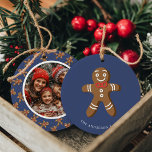 Gingerbread Man Navy Polka Dot Christmas Photo Ceramic Ornament<br><div class="desc">Celebrate the holidays with this adorable Gingerbread Man Navy Blue Polka Dot Christmas Photo Ceramic Ornament. Featuring a cute gingerbread man design with a customizable photo on the back, this ornament is perfect for adding a touch of festive charm to your tree. Personalize it with your family name and favourite...</div>