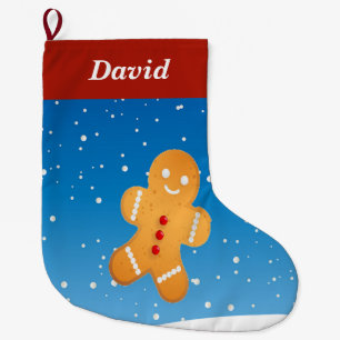 Gingerbread man on blue large christmas stocking