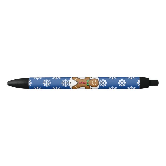 Gingerbread Man on Blue White Snowflakes Pattern Black Ink Pen (Front)