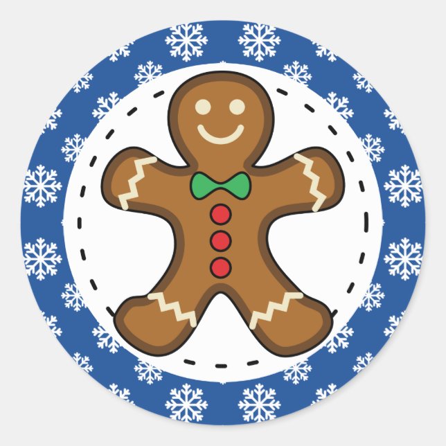 Gingerbread Man on Blue White Snowflakes Pattern Classic Round Sticker (Front)