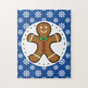Gingerbread Man on Blue White Snowflakes Pattern Jigsaw Puzzle