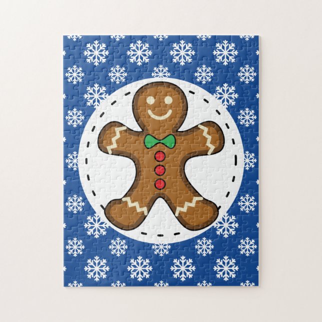Gingerbread Man on Blue White Snowflakes Pattern Jigsaw Puzzle (Vertical)