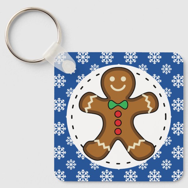 Gingerbread Man on Blue White Snowflakes Pattern Keychain (Front)