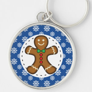 Gingerbread Man on Blue White Snowflakes Pattern Keychain