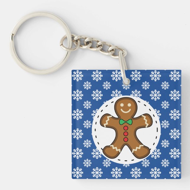 Gingerbread Man on Blue White Snowflakes Pattern Keychain (Front)