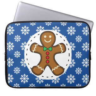 Gingerbread Man on Blue White Snowflakes Pattern Laptop Sleeve