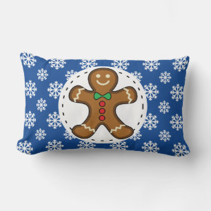 Gingerbread Man on Blue White Snowflakes Pattern Lumbar Pillow