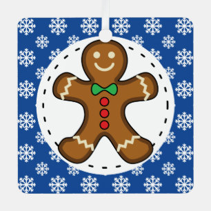 Gingerbread Man on Blue White Snowflakes Pattern Metal Ornament