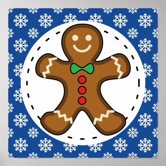 Gingerbread Man on Blue White Snowflakes Pattern Poster (Front)