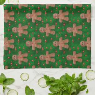 Gingerbread Man on Green Kitchen Towel