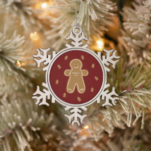 Gingerbread Man Personalized Name Year Holiday Snowflake Pewter Christmas Ornament